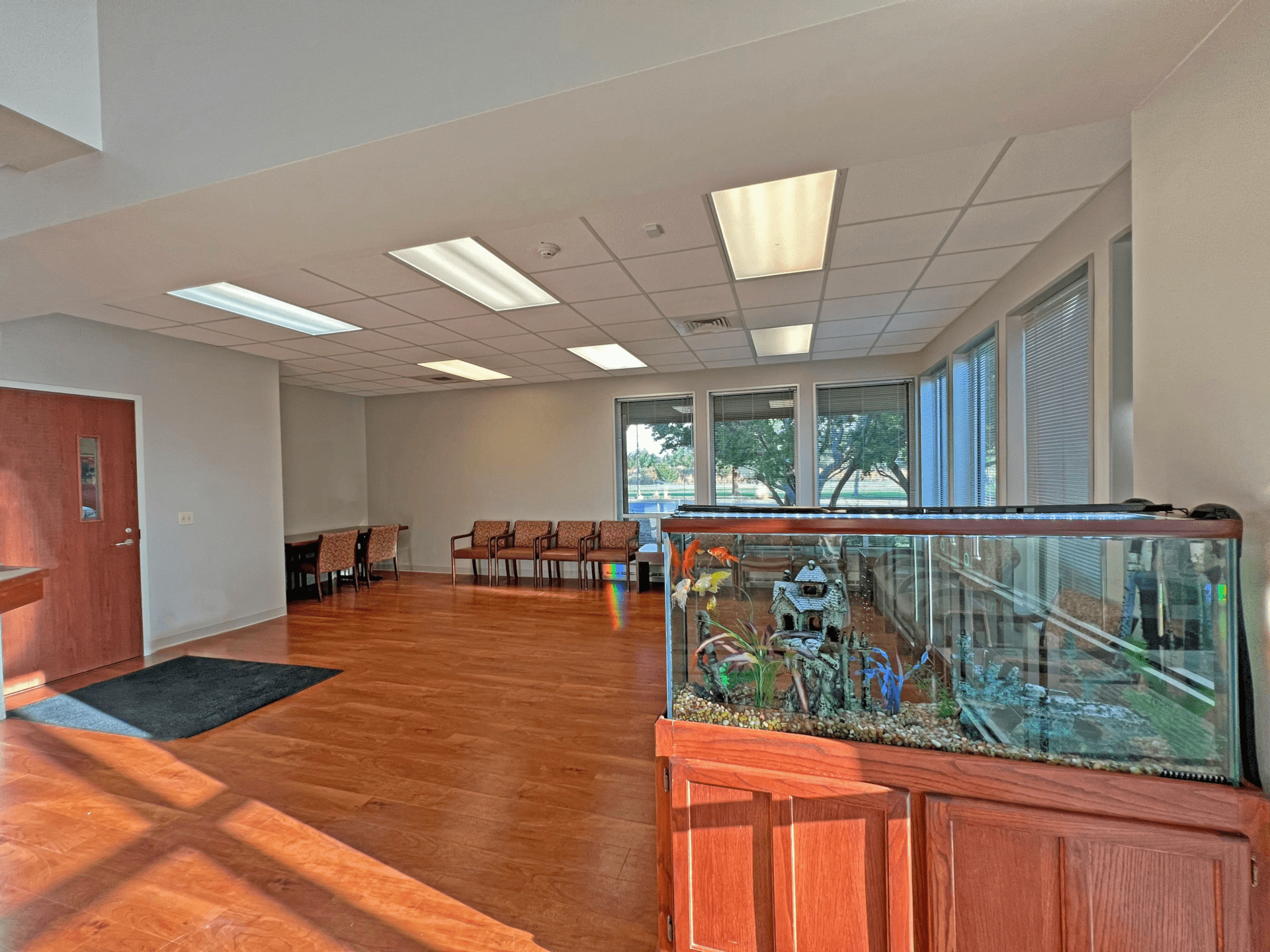 A waiting area with chairs against the walls, wood floors, and a fishtank.