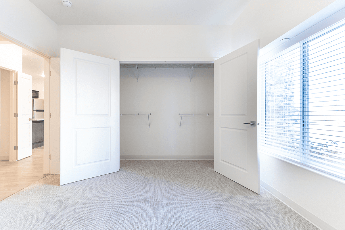 A bedroom with two closets and a window.