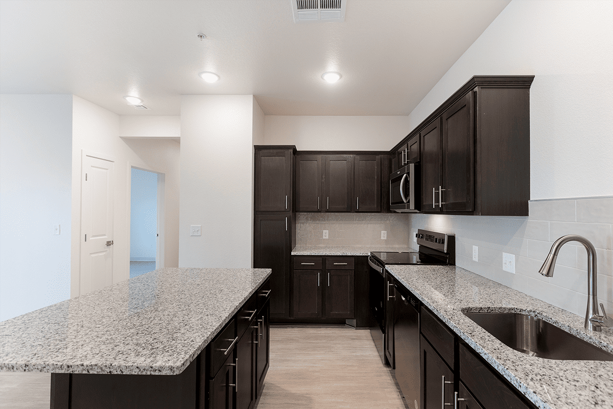 A modern kitchen with dark cabinets, granite countertops, and stainless steel appliances.