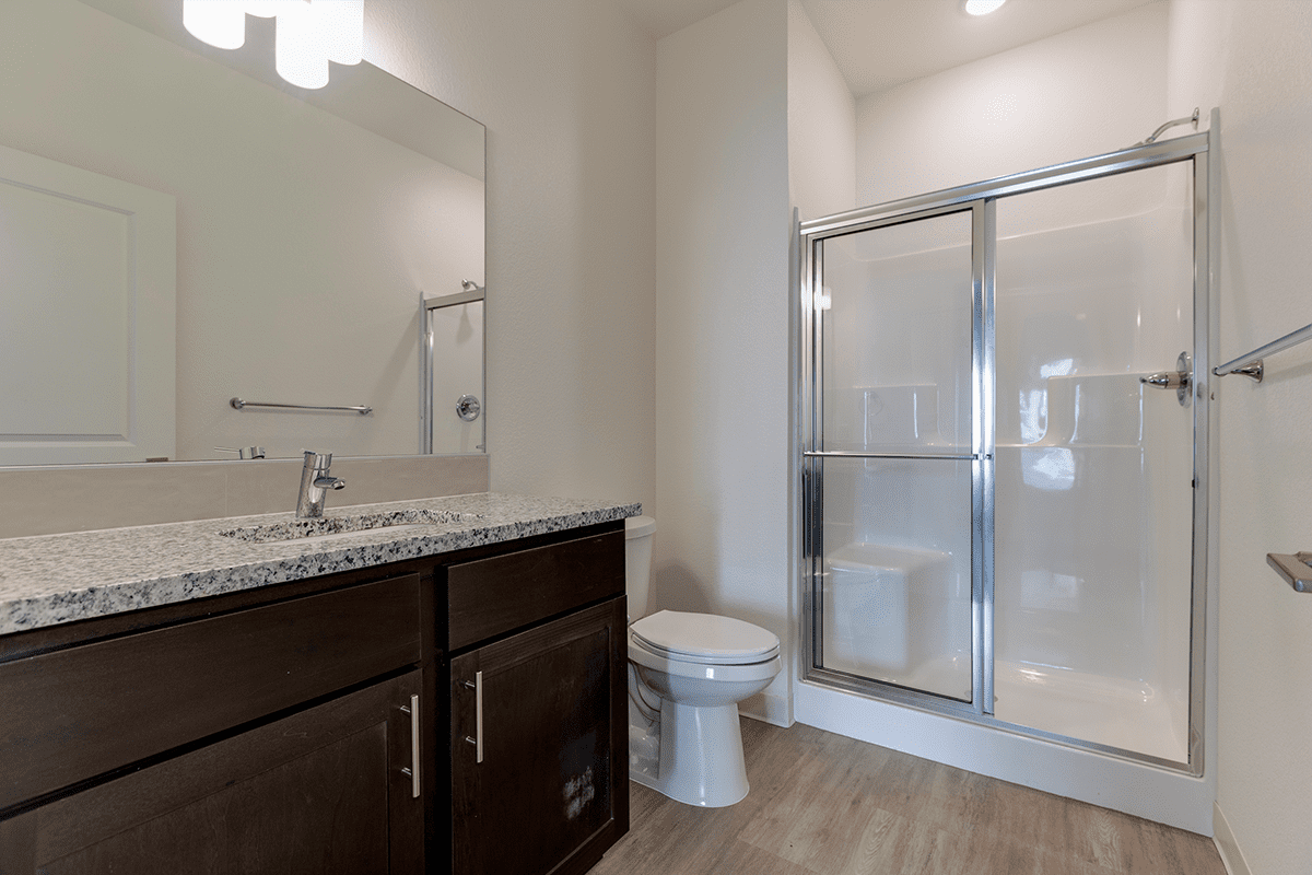 A modern bathroom with a vanity, toilet, and shower.